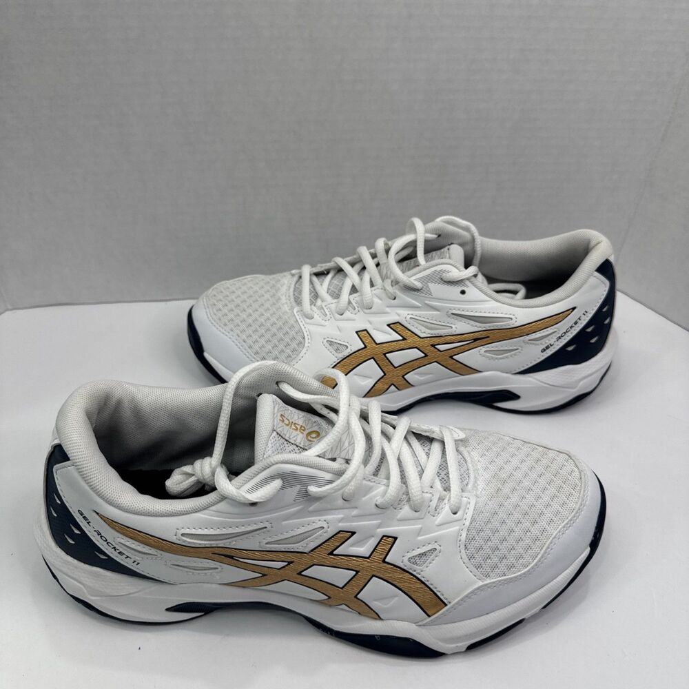 ASICS GEL-Rocket 11 Men’s 8 White Pure Gold Indoor Court Shoes 1071A091